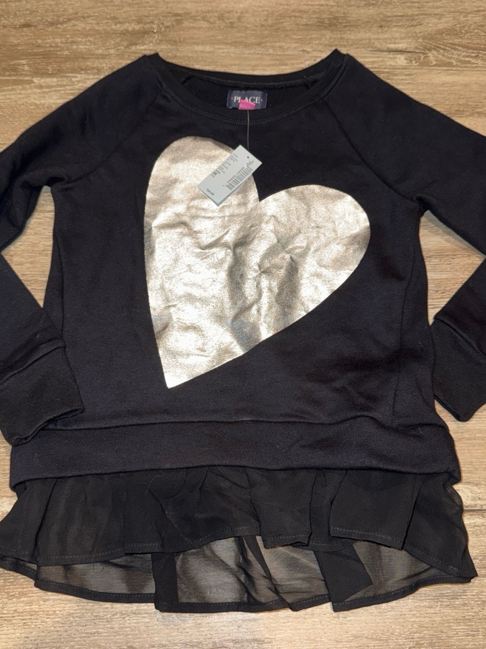 The Children's Place Black Sweatshirt with Metallic Silver Heart and Chiffon Hem
